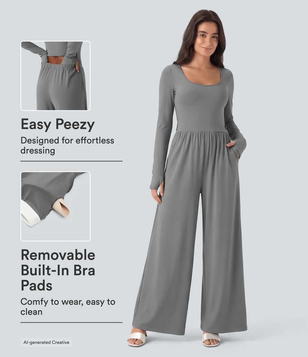U Neck Long Sleeve Thumb Hole Wide Leg Ruched Casual Jumpsuit with Built-in Bra and Pockets -Easy Peezy Edition