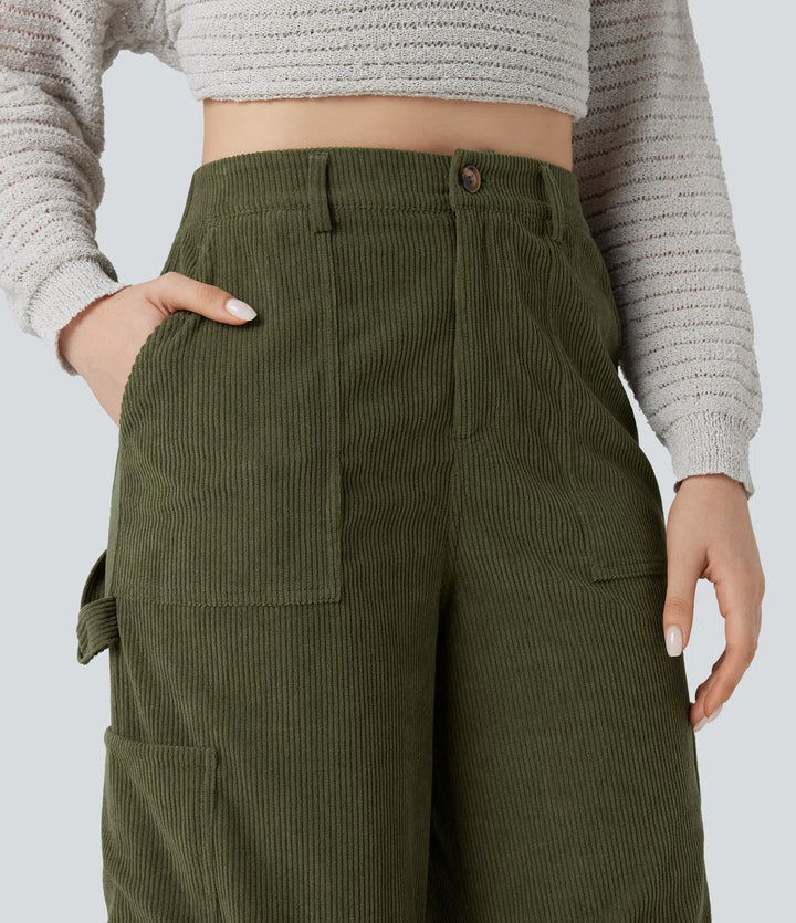 High Waisted Straight Leg Corduroy Casual Pants with Pockets