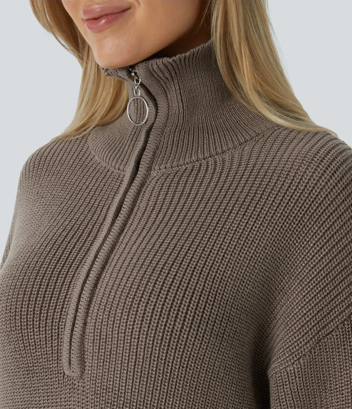Funnel Neck Half Zip Long Sleeve Casual Sweater