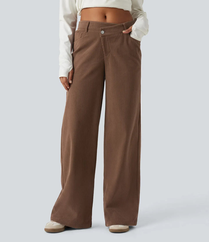Mid Rise Asymmetric Wide Leg Corduroy Casual Pants with Pockets