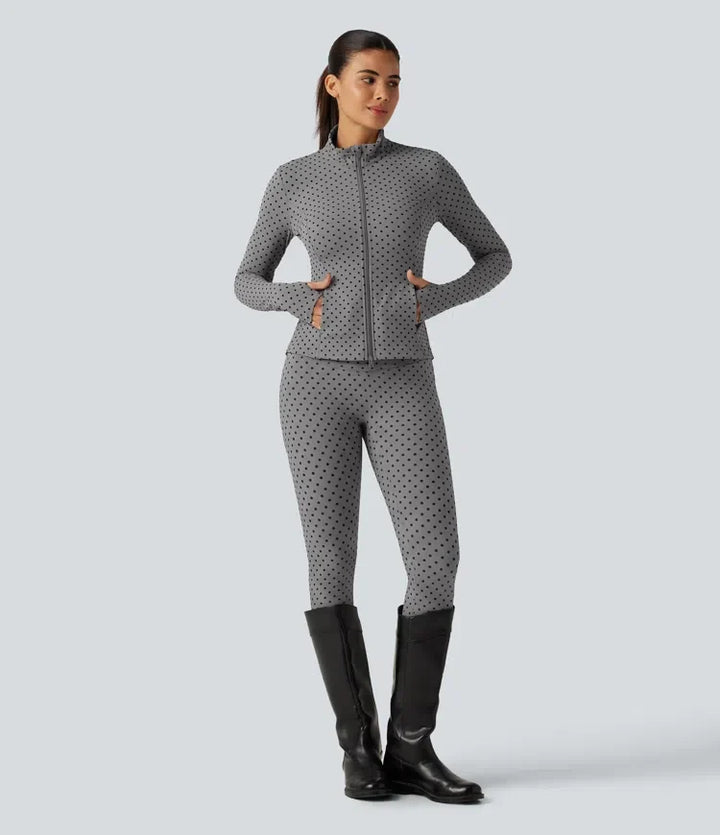 Halara UltraSculpt Stand Collar Long Sleeve Thumb Hole Pleated Polka Dot Yoga Jacket with Pockets