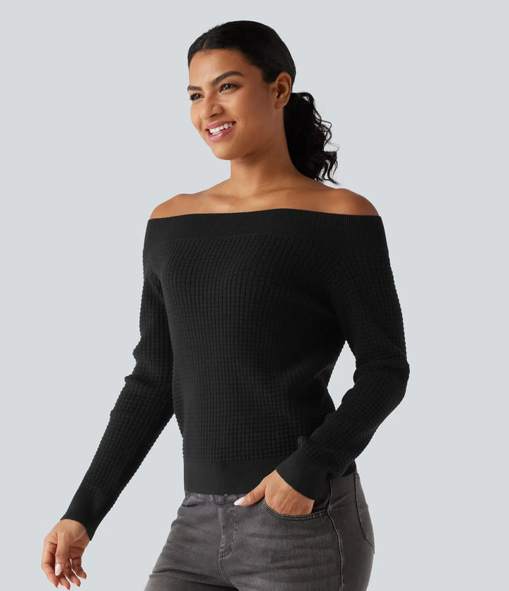 Off Shoulder Long Sleeve Casual Wool-Blend Sweater