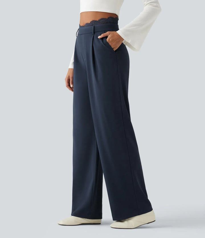 Halara Flex High Waisted Contrast Lace Straight Leg Work Pants with Pockets