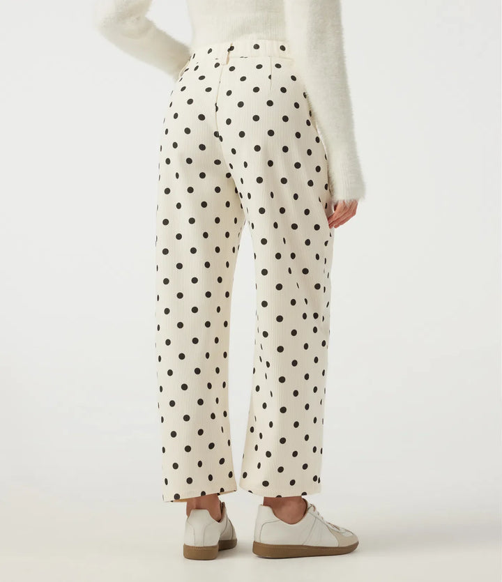 Mid Rise Barrel Leg Polka Dot Corduroy Casual Pants with Pockets