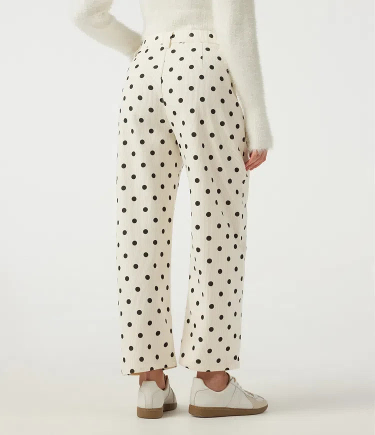 Mid Rise Barrel Leg Polka Dot Corduroy Casual Pants with Pockets