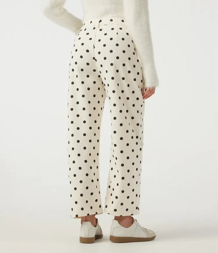 Mid Rise Barrel Leg Polka Dot Corduroy Casual Pants with Pockets