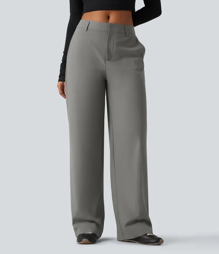 Wrinkle Recovery Mid Rise Straight Leg Work Pants with Pockets