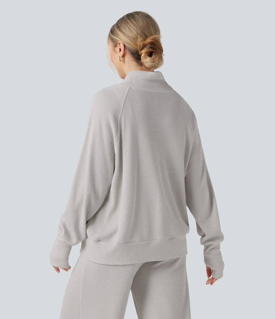 High-neck Long Sleeve Thumb Holes Oversized Waffle Casual Sweatshirt with Pockets