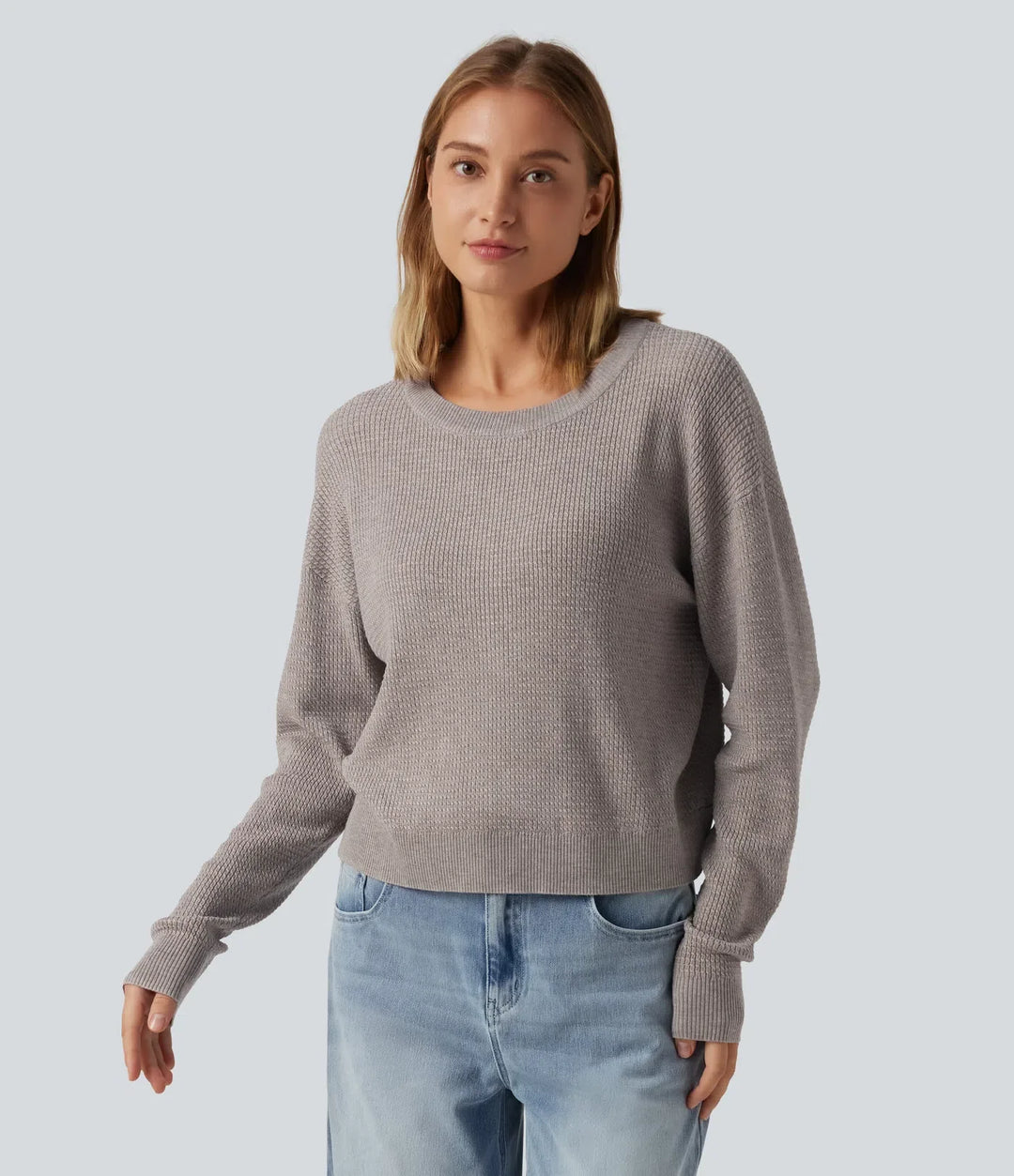 Round Neck Long Sleeve Cut-Out Back Casual Sweater