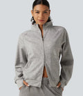 High Neck 2-Way Zipper Long Sleeve Thumb Hole Casual Jacket with Pockets