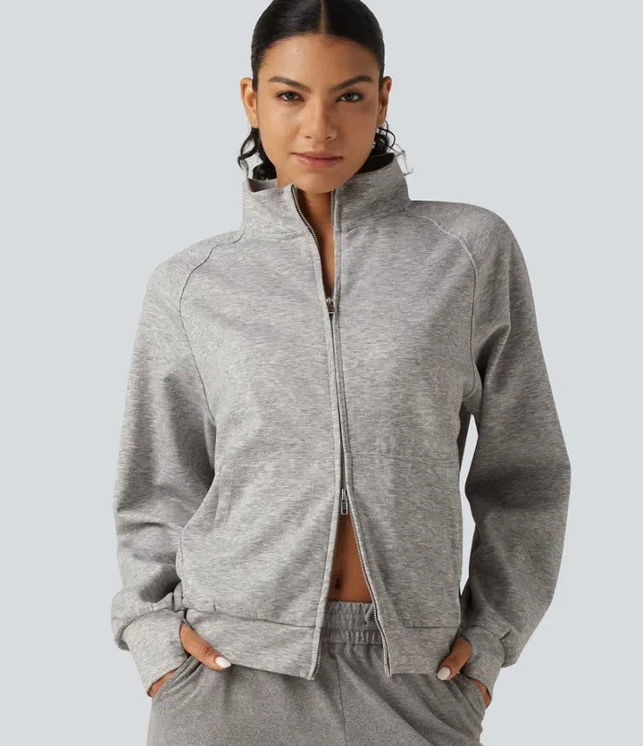 High Neck 2-Way Zipper Long Sleeve Thumb Hole Casual Jacket with Pockets