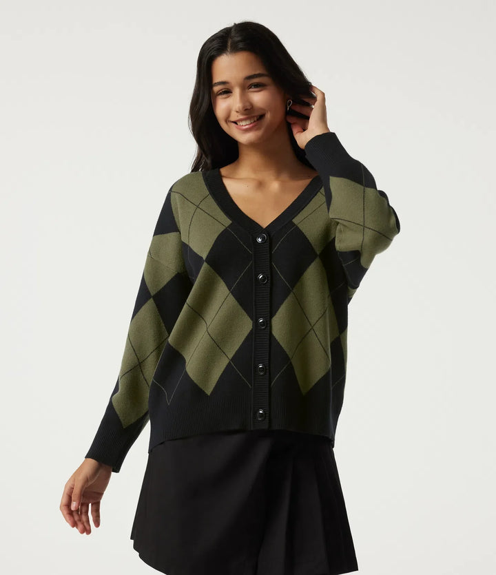 V Neck Long Sleeve Diamond Check Casual Cardigan