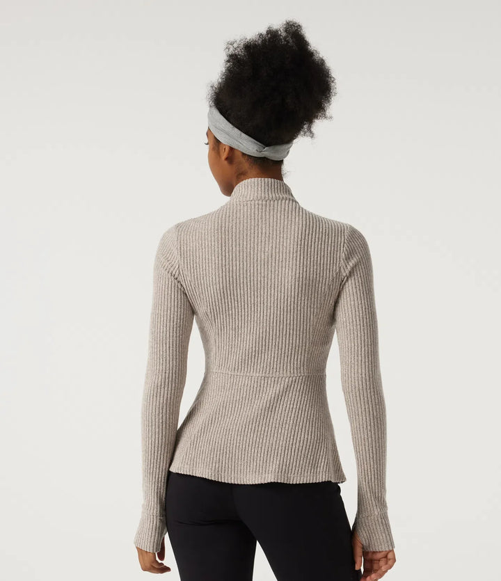 Ribbed Knit Mock Neck Long Sleeve Yoga Track Jacket with Pockets