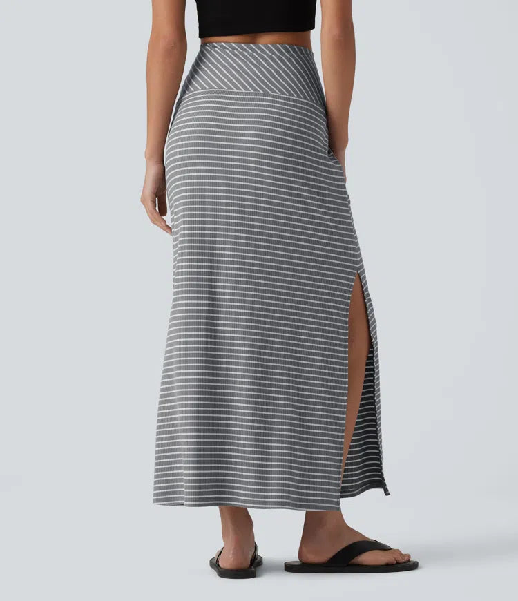 High Waisted Tummy Control Split Stripes Maxi Casual Skirt with Pockets