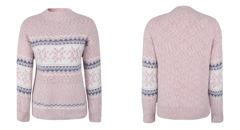 Woman in snowflake knit mock neck sweater