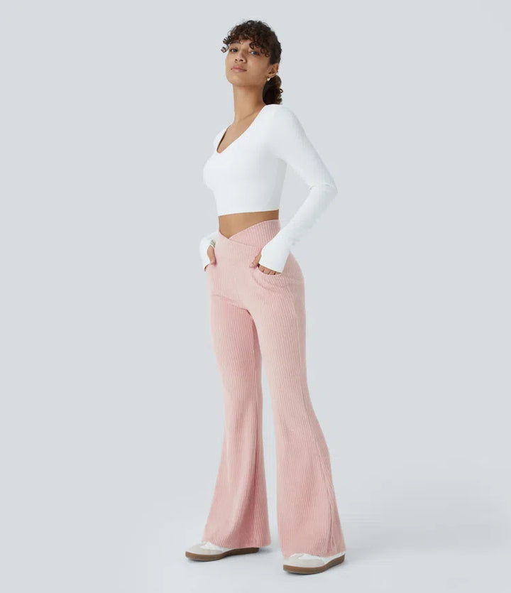 Ribbed Knit Crossover High Waisted Pocket Casual Flare Pants