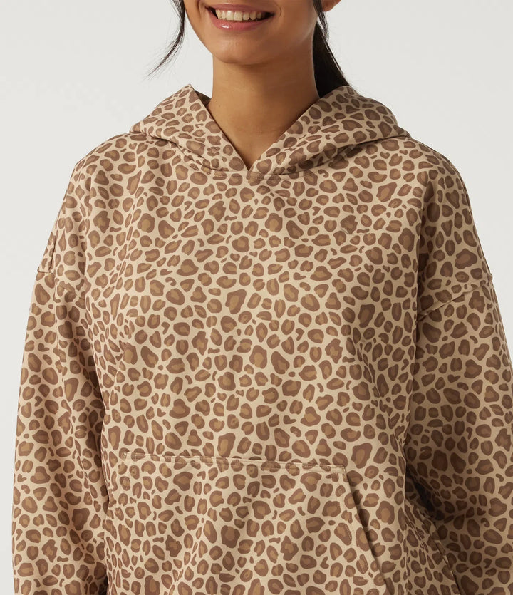 Hooded Long Sleeve Leopard Print Casual Sweatshirt with Pocket