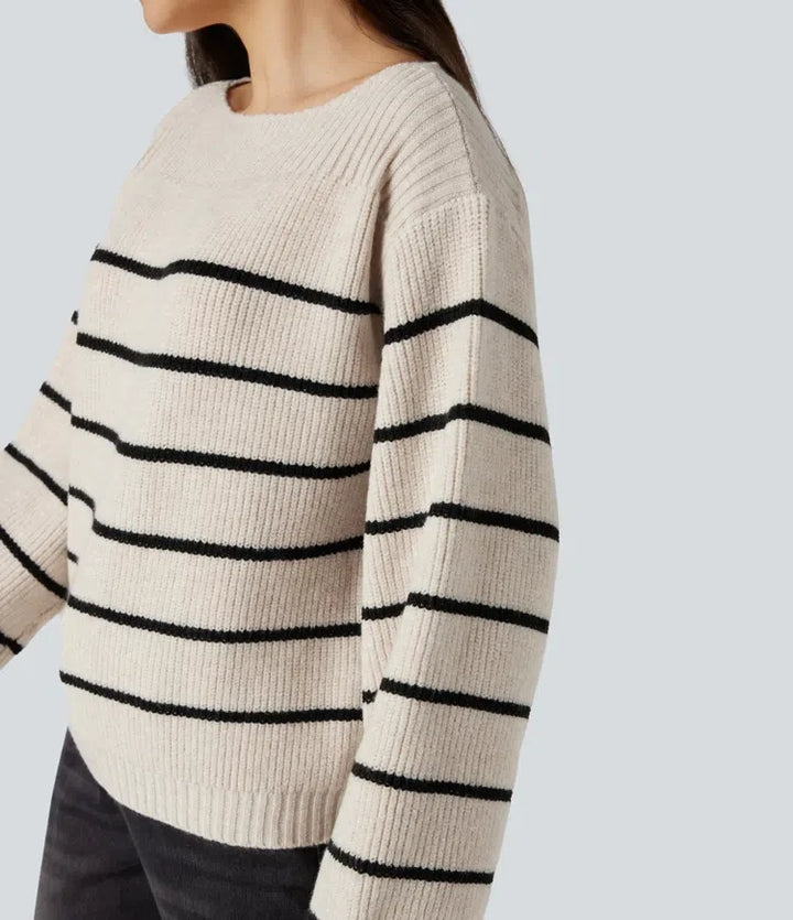 Boat Neck Long Sleeve Stripes Work Sweater