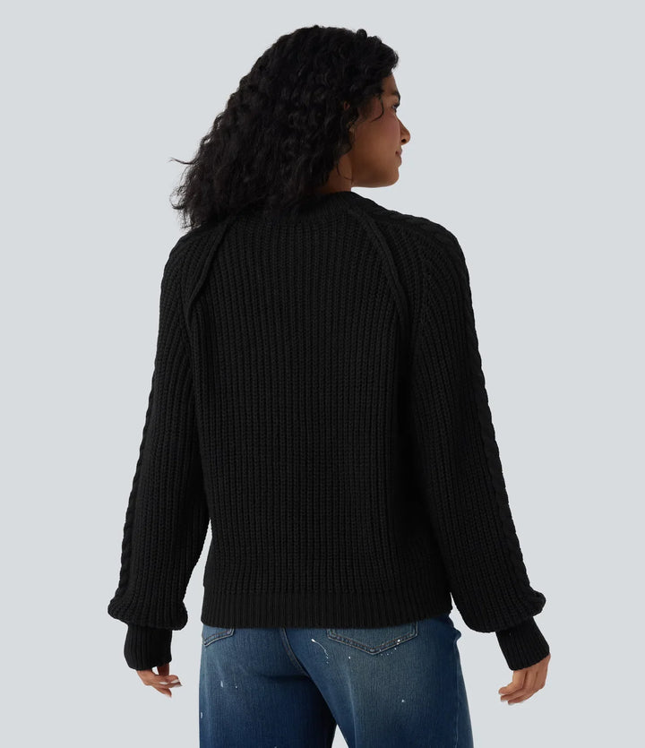 Round Neck Raglan Long Sleeve Relaxed Cable Knit Casual Sweater