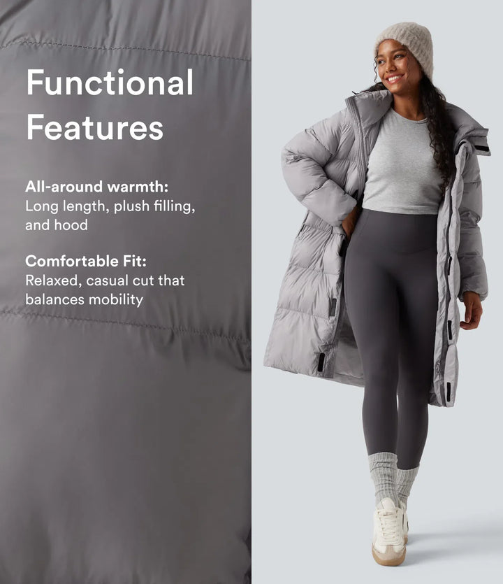 Hooded Long Sleeve Zipper Longline Casual Puffer Jacket with Pockets