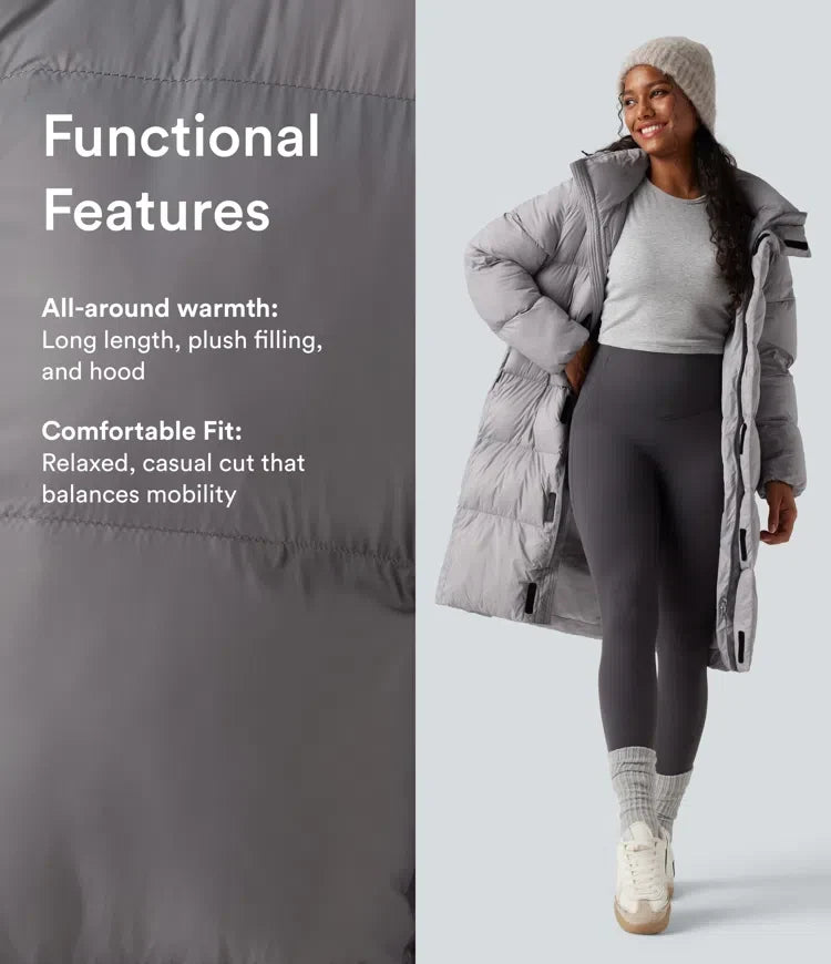 Hooded Long Sleeve Zipper Longline Casual Puffer Jacket with Pockets