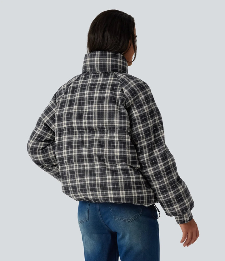 Stand Collar Long Sleeve Plaid Casual Padded Jacket with Pockets