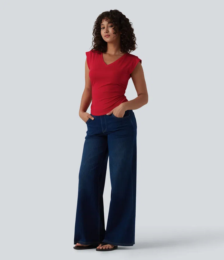 V Neck Cap Sleeve Curved Hem Ruched Casual T-Shirt