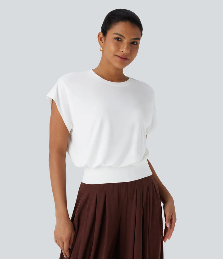 Round Neck Short Batwing Sleeve Work T-Shirt