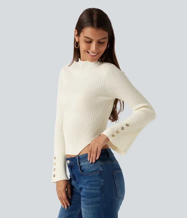 Ribbed Knit Stand Collar Flounce Sleeves Asymmetric Hem Slim Work Sweater