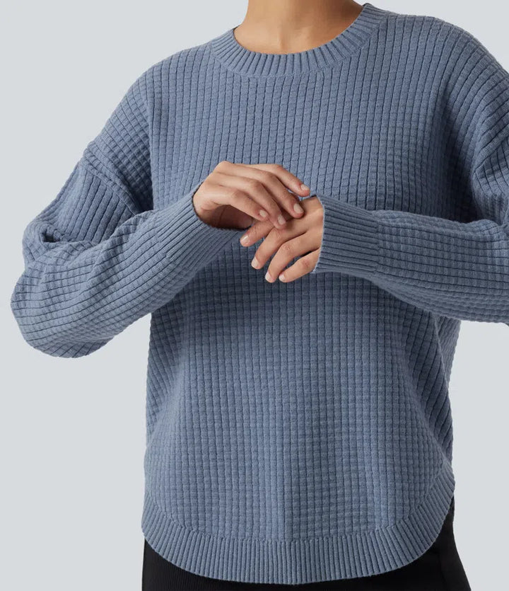 Round Neck Long Sleeve Curved Hem Work Sweater