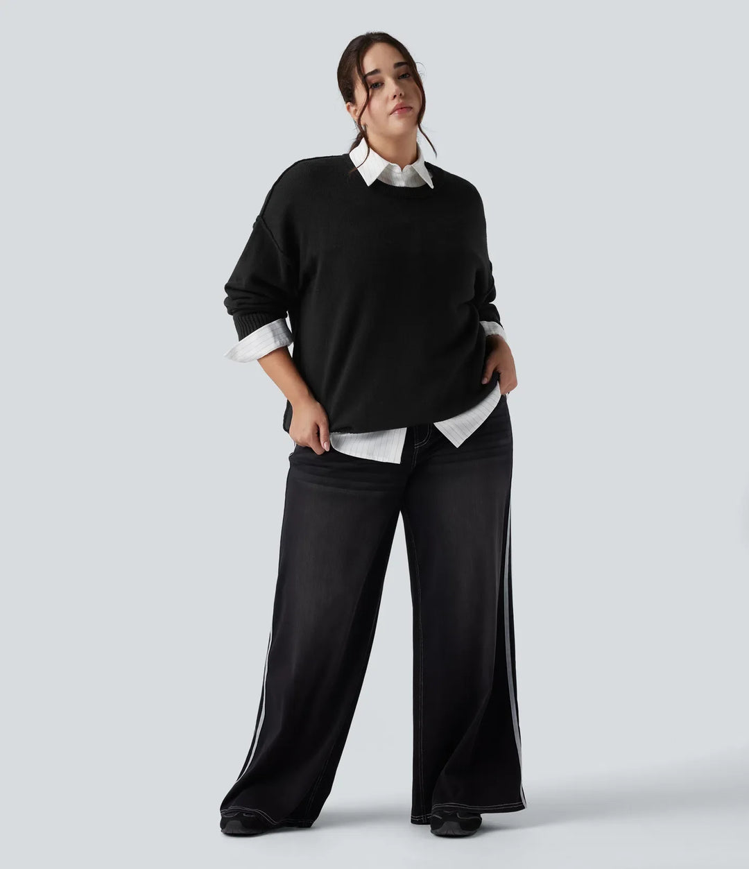 Round Neck Dropped Shoulder Long Sleeve Casual Plus Size Sweater