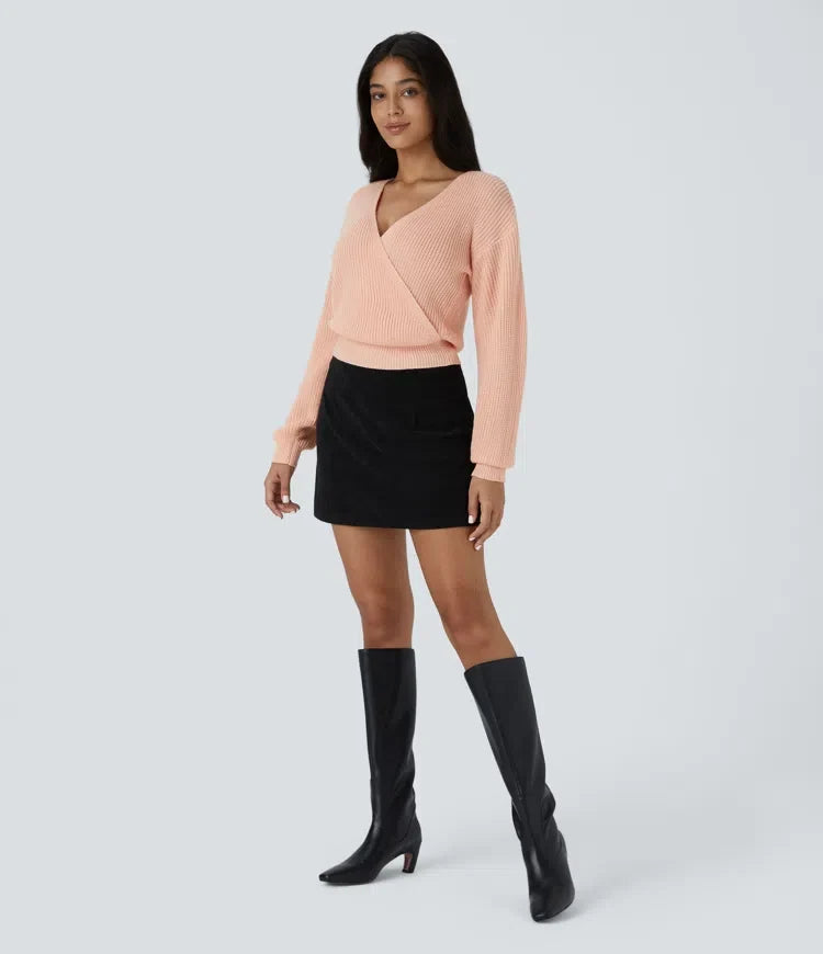 V Neck Dropped Shoulder Long Sleeve Wrapped Relaxed Casual Sweater