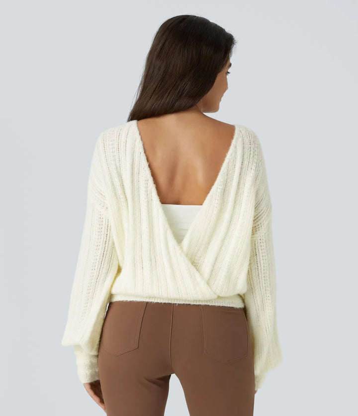 Sheer V Neck Long Sleeve Work Sweater-Front and Back Wearable