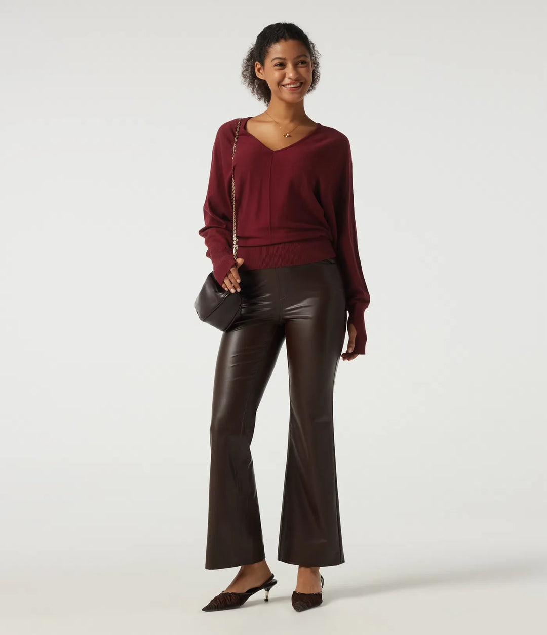 V Neck Batwing Long Sleeve Casual Sweater with Thumbholes