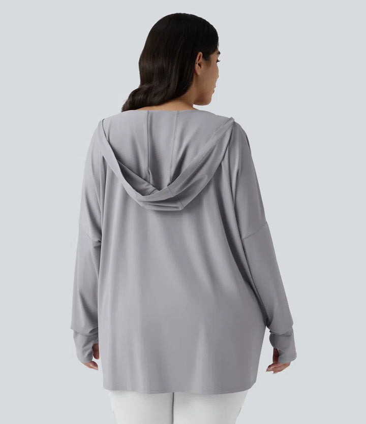 Plus Size Hooded Cowl Neck Long Sleeve Thumb Hole Yoga Sports Top with Pockets