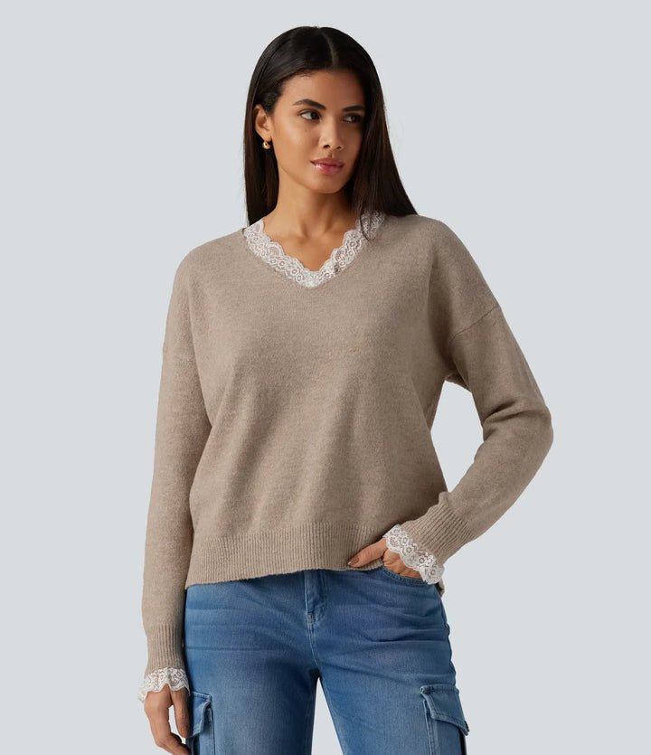 V Neck Contrast Lace Dropped Long Sleeve Casual Sweater
