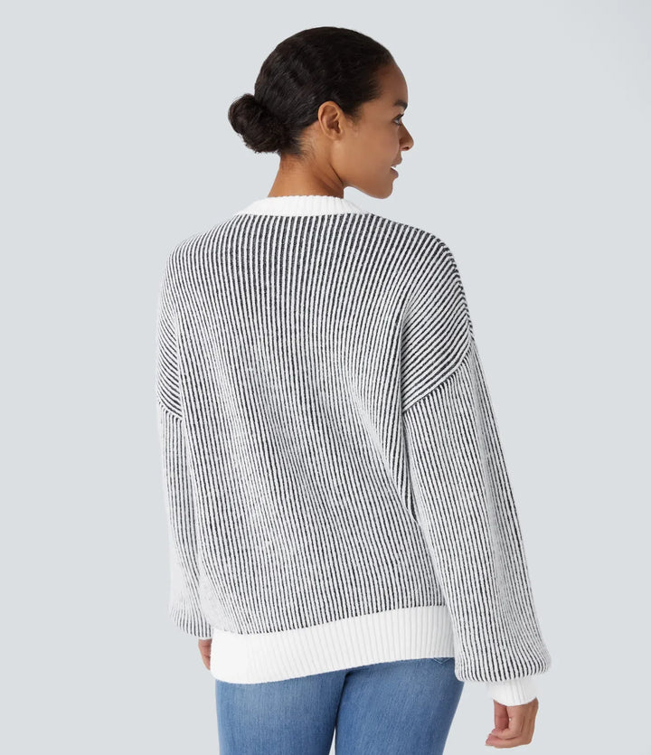 Round Neck Long Sleeve Color Block Stripe Casual Sweater