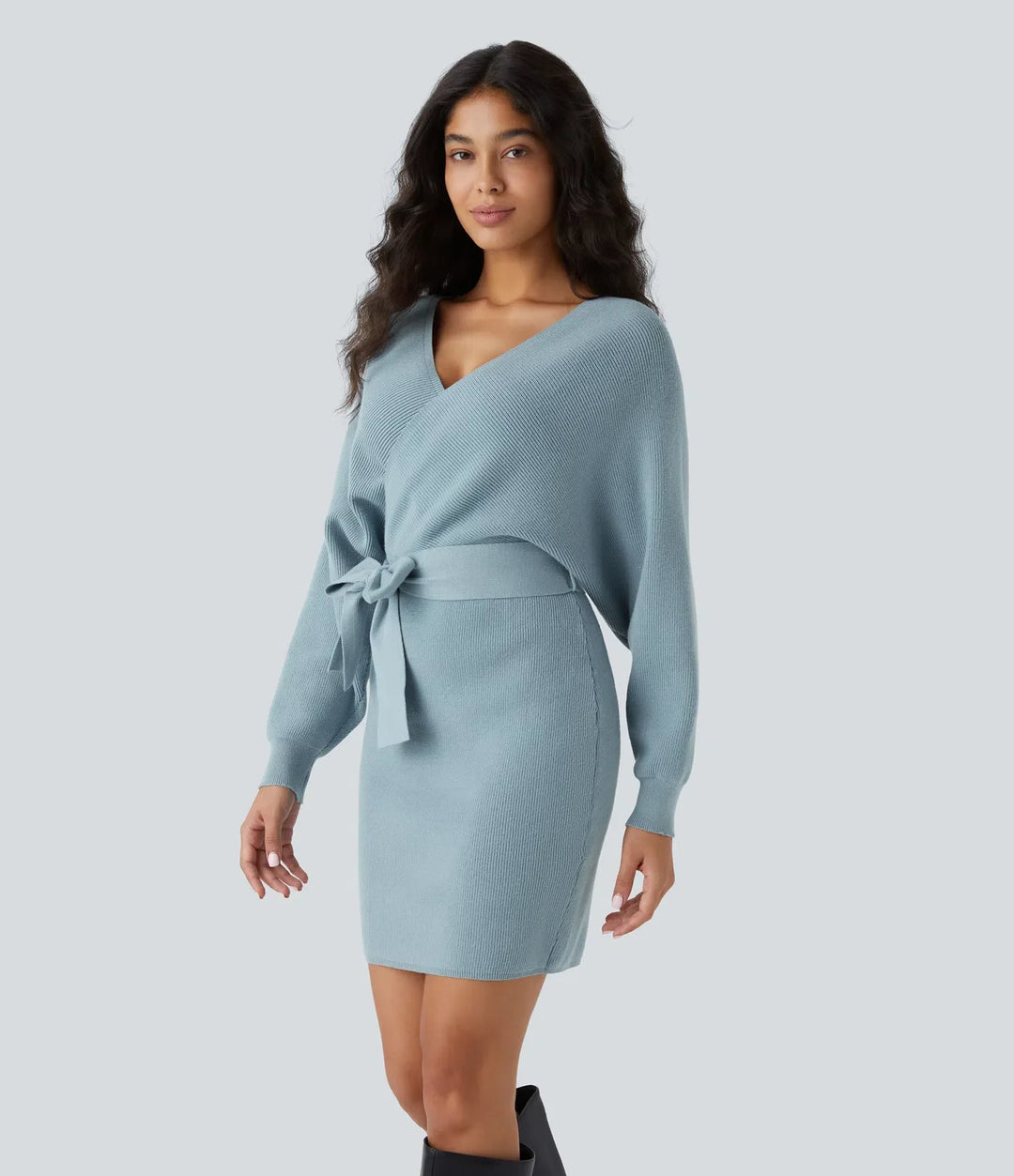 Crossover V Neck  Batwing Long Sleeve Belted Mini Casual Sweater Dress