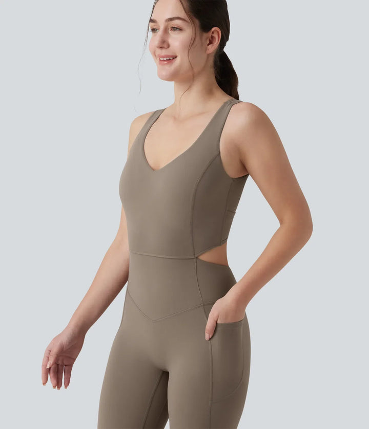 Halara UltraSculpt Crisscross Backless Tummy Control Butt Lifting Scrunch Non-Removable Pad Workout Flare Jumpsuit with Pockets-Easy Peezy