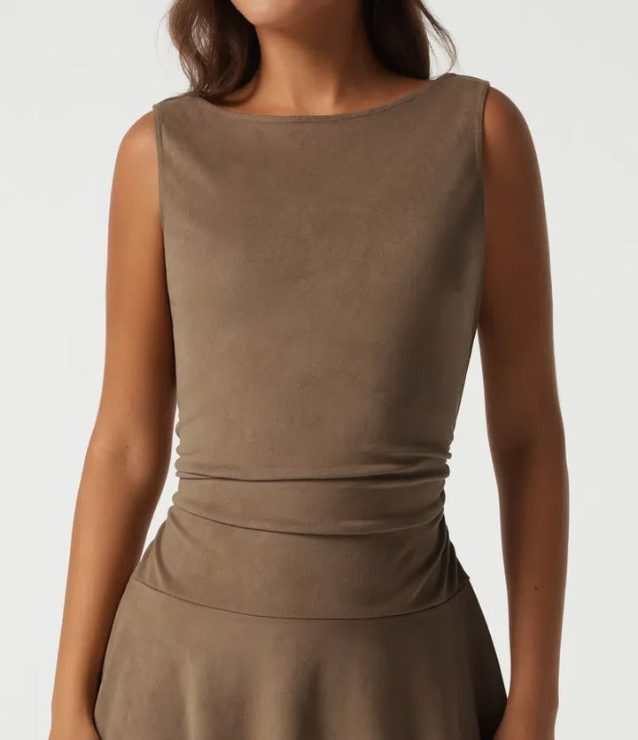 Boat Neck Sleeveless A Line Tiered Suede Mini Casual Dress