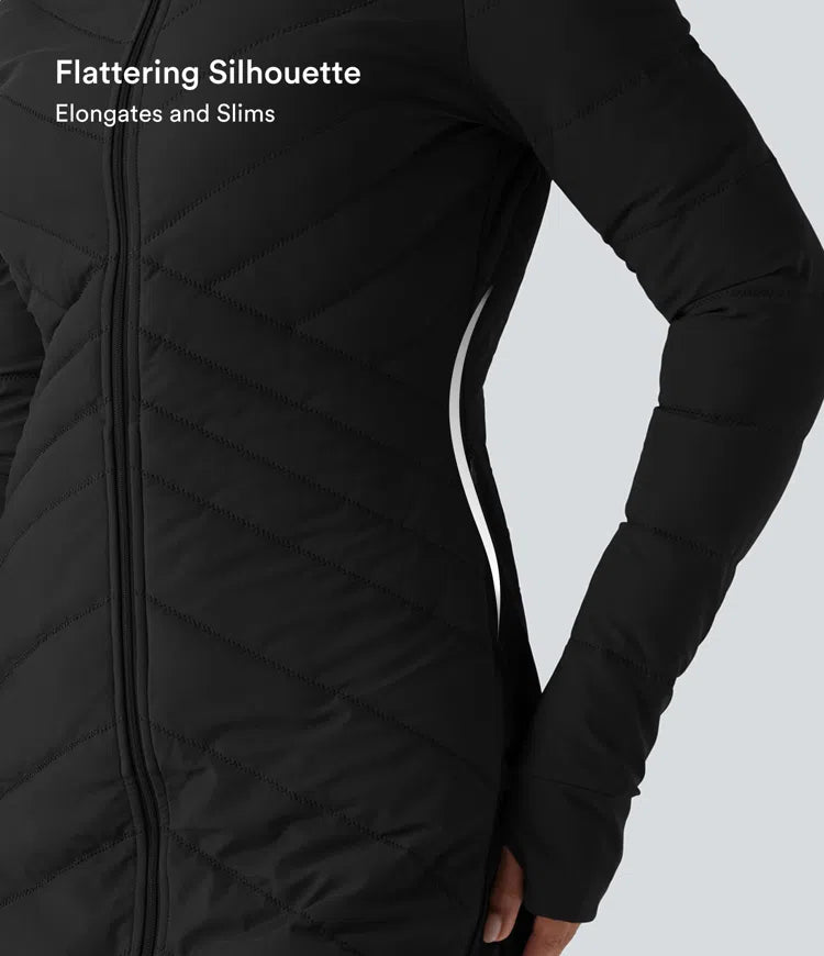 PuffFlex Stand Collar Long Sleeve Thumb Holes Zip Hem Stretchy Slim Casual Quilted Jacket with Pockets