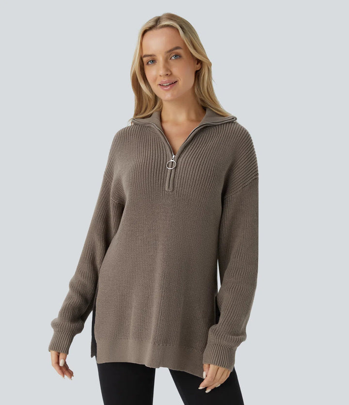 Funnel Neck Half Zip Long Sleeve Casual Sweater