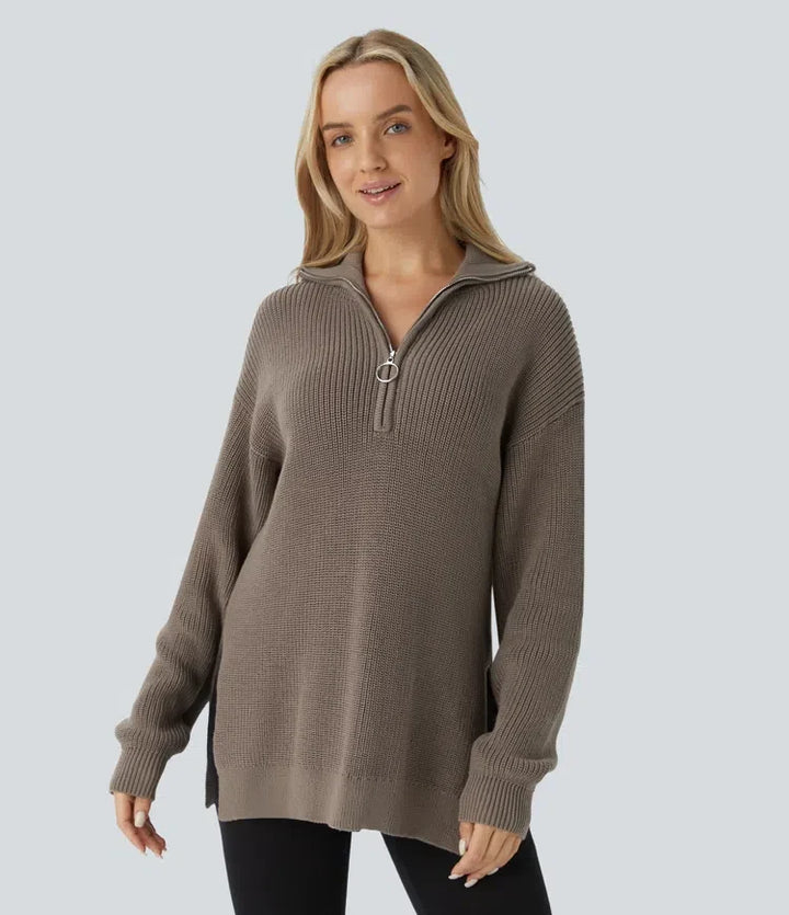 Funnel Neck Half Zip Long Sleeve Casual Sweater