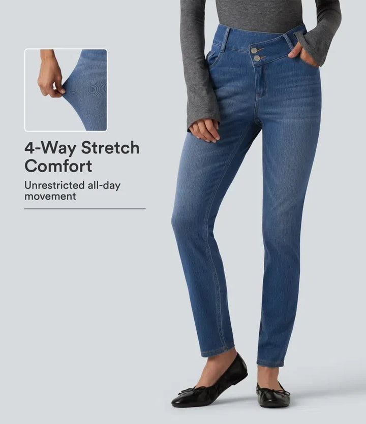 Halara Flex Mid Rise Asymmetric Casual Skinny Jeans with Pockets