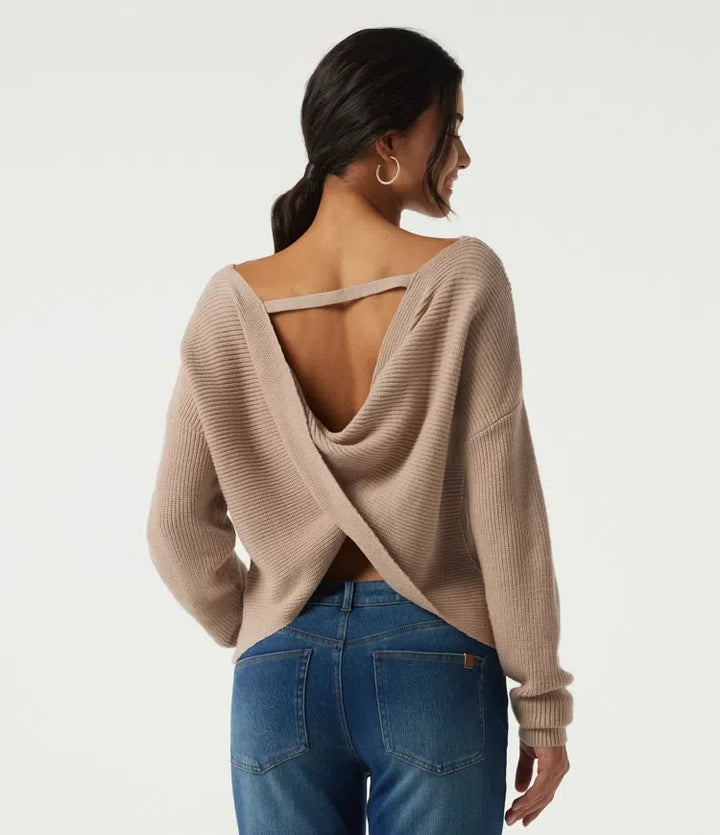 Boat Neck Long Sleeve Cut Out Back Casual Sweater