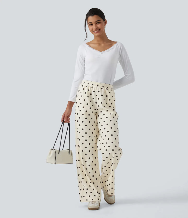 Mid Rise Polka Dot Straight Leg Corduroy Casual Pants with Pockets