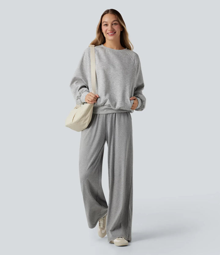 Round Neck Long Sleeve Cut Out Casual Sweatshirt with Pockets