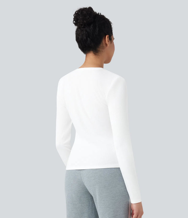 Ribbed Knit Round Neck Long Sleeve Casual Top