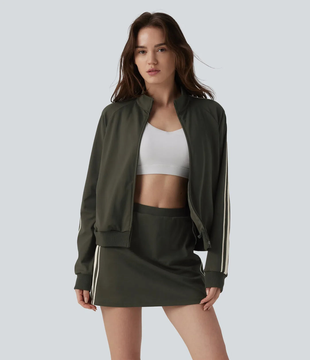 DayStretch Stand Collar Color Block Stripes Workout Jacket with Pockets