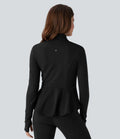 DayStretch Stand Collar Zipper Thumb Hole Ruffle Hem Slim Jacket with Pockets